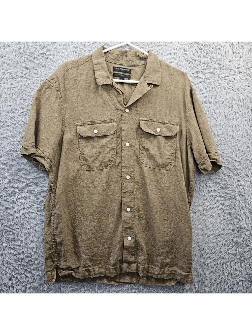 Banana Republic 100% Linen Shirt Men Medium Relaxed Fit Brown Flap Pockets
